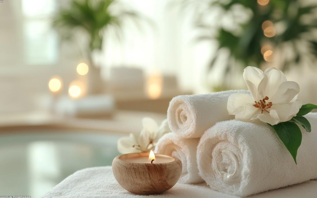 Treatment room at Serenity Spa with a massage table, warm light and folded towels