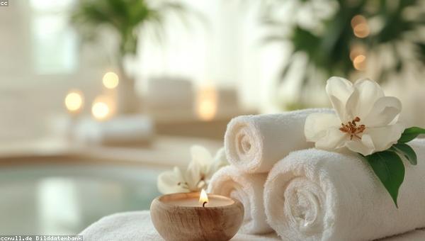 Massage room with candles and folded towels