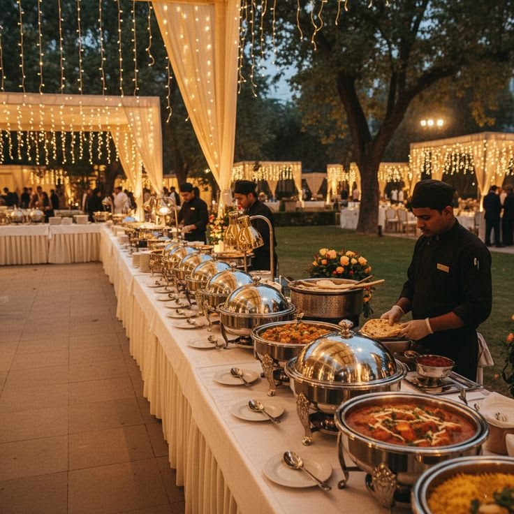 Catering team plating a multi-cuisine wedding spread at a live counter