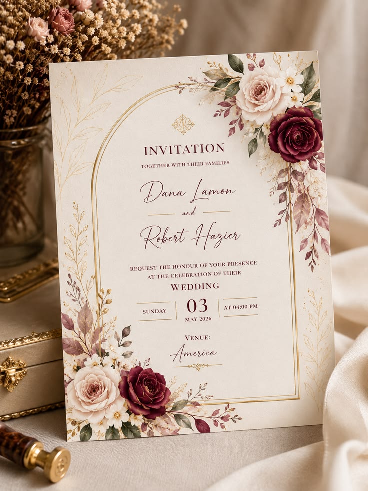 Letterpress wedding invitation suite with envelope, seal and ribbon