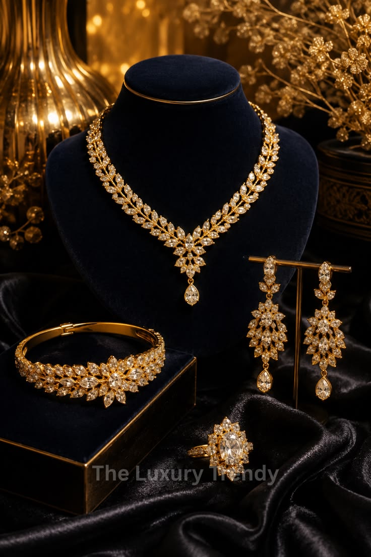 Bridal jewellery set laid out on silk — necklace, earrings and maang tikka