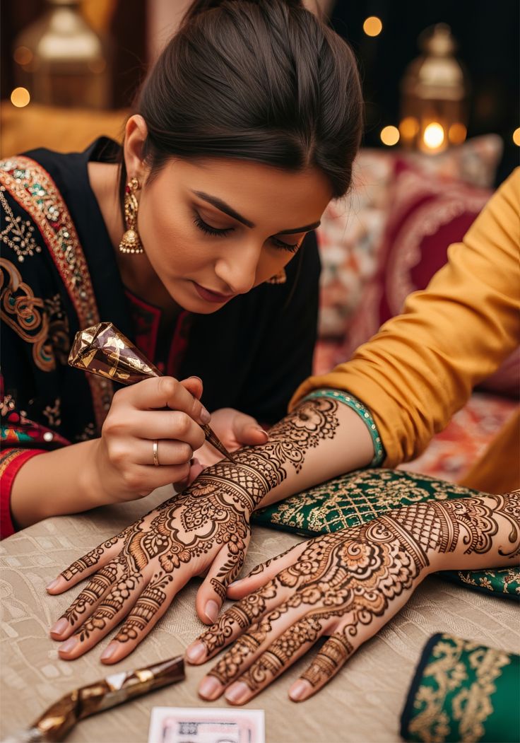 Intricate bridal mehendi being applied to a bride's hands
