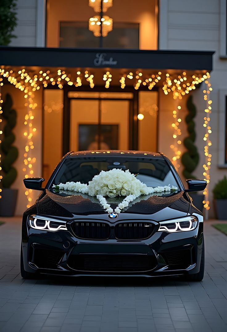 Decorated wedding car with floral garlands parked before the baraat